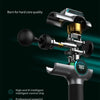 A black professional muscle massage gun with a silver and gold finish, showing its head and body.