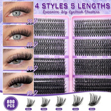 Eine Sammlung von 4 Stilen und 5 Längen von Queenice DIY Wimpernclustern in verschiedenen Anwendungen.