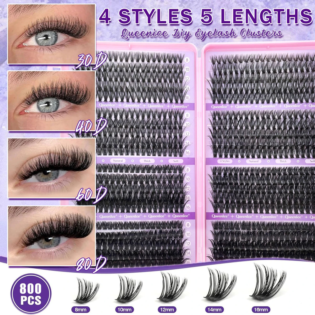 Collection de 4 styles et 5 longueurs de clusters à faux cils Queenice DIY, présentés dans diverses applications.