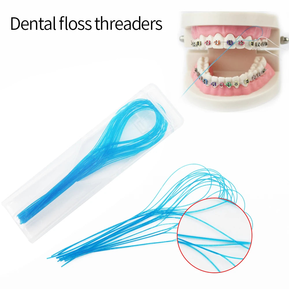 Reusable dental floss threaders shown as a clear plastic tool and a close-up of the fine blue threads.