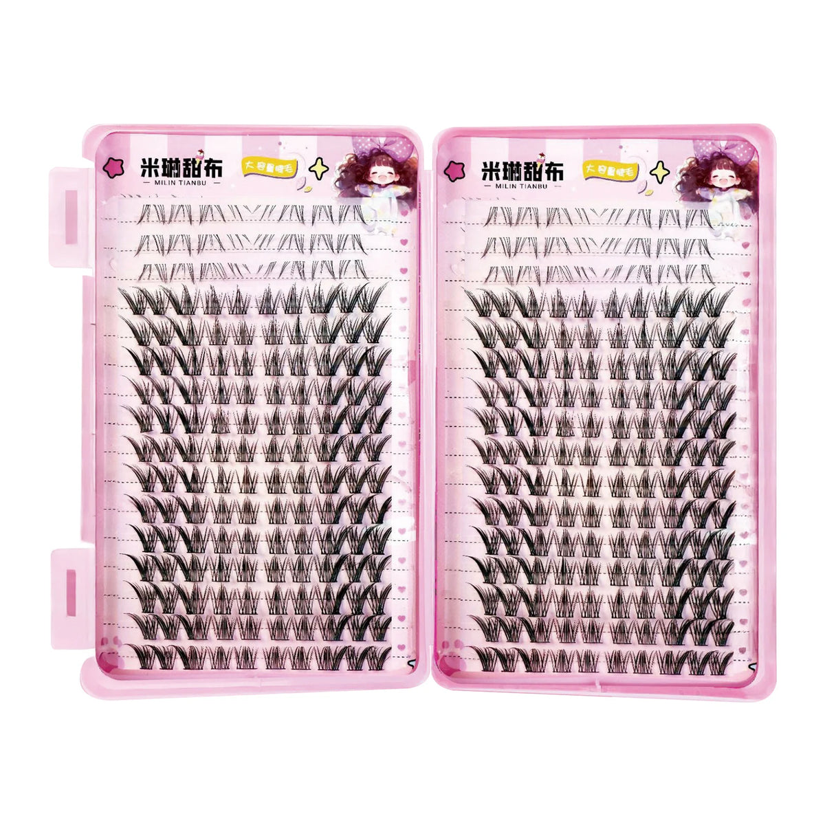 A pair of pink eyelash extensions with a grid pattern showing various cluster false eyelashes.