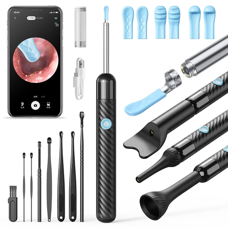 A collection of HD ear wax removal tools including a main device, various tips, and cleaning instruments.
