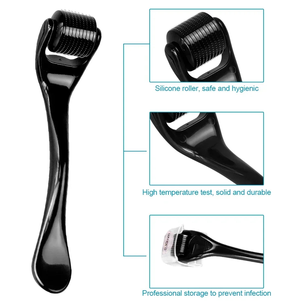 Set aus schwarzem Silikon-Dermaroller mit verschiedenen Größen und Anweisungen für eine sichere und hygienische Behandlung