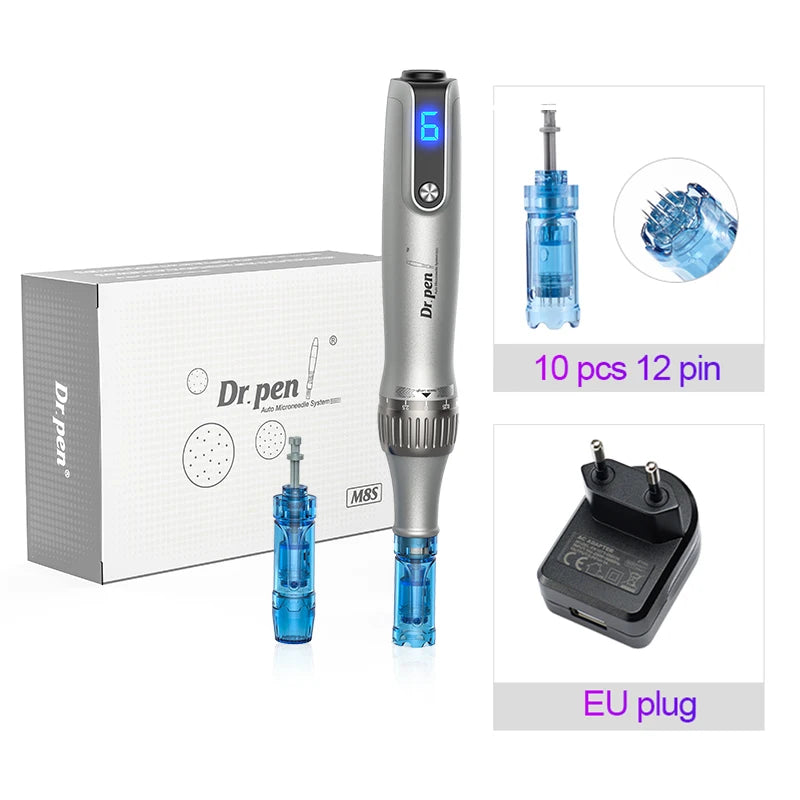 A Dr.pen professional wireless microneedling pen device and accessories including a syringe and EU plug.