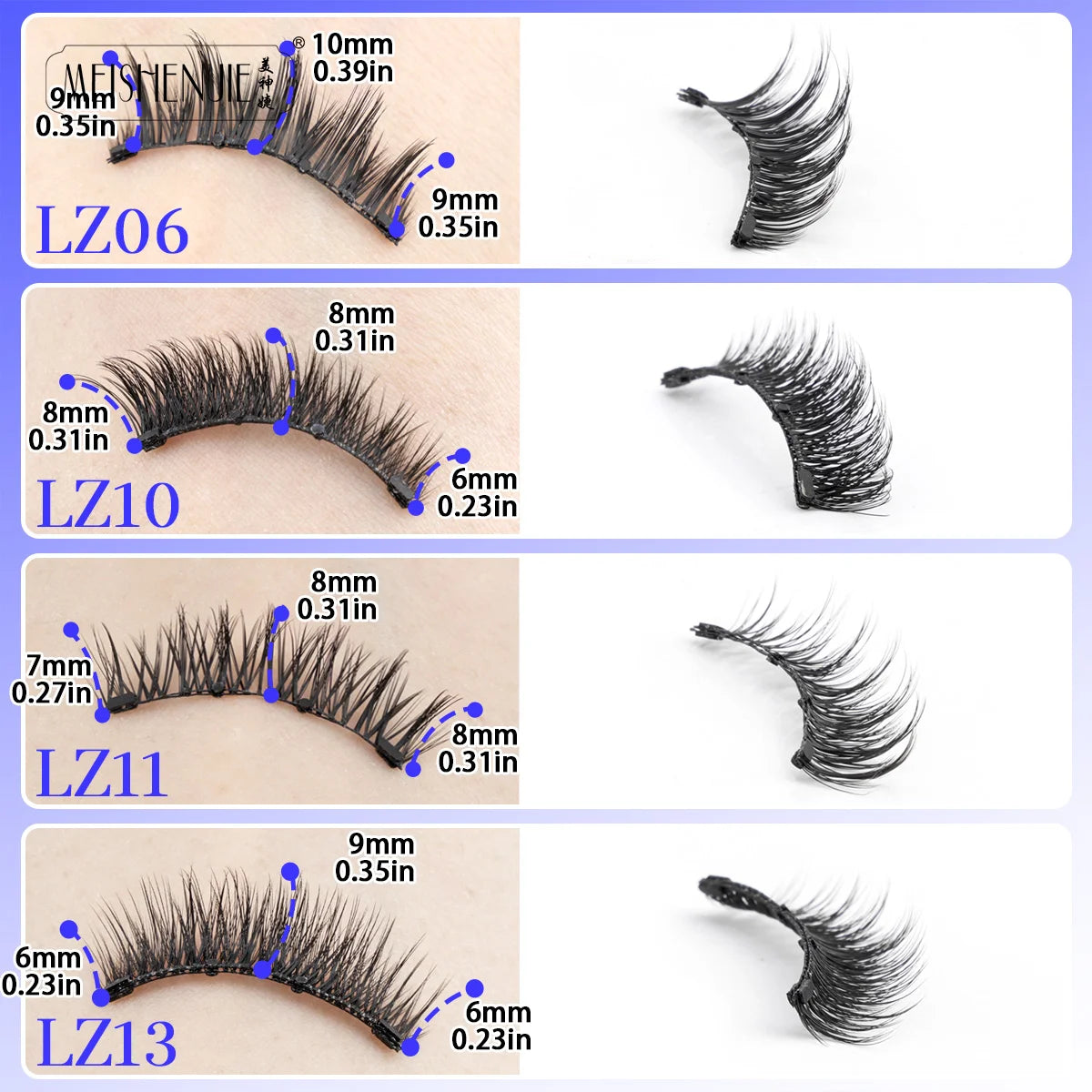 A set of magnetic mink false eyelashes labeled LZ06, LZ10, LZ11, and LZ13 showing various lengths and angles.