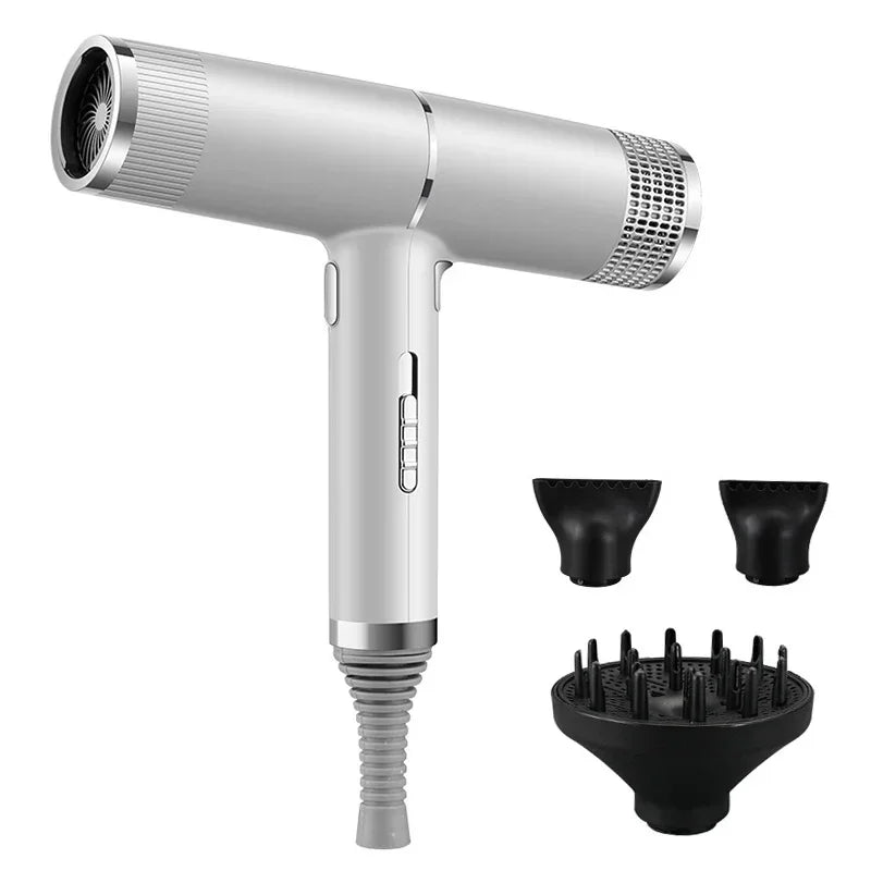 A silver professional infrared blow dryer with a detachable nozzle and multiple styling attachments.