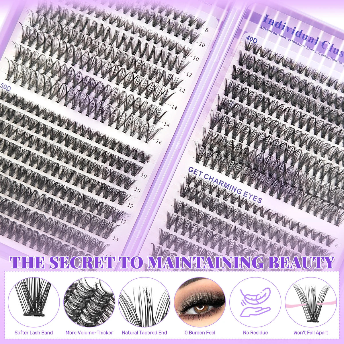 Kit profesional de extensiones de pestañas mostrando varios estilos y consejos de belleza