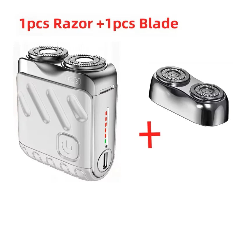 A silver electric shaver unit and a replacement blade are shown with a plus sign indicating the components.