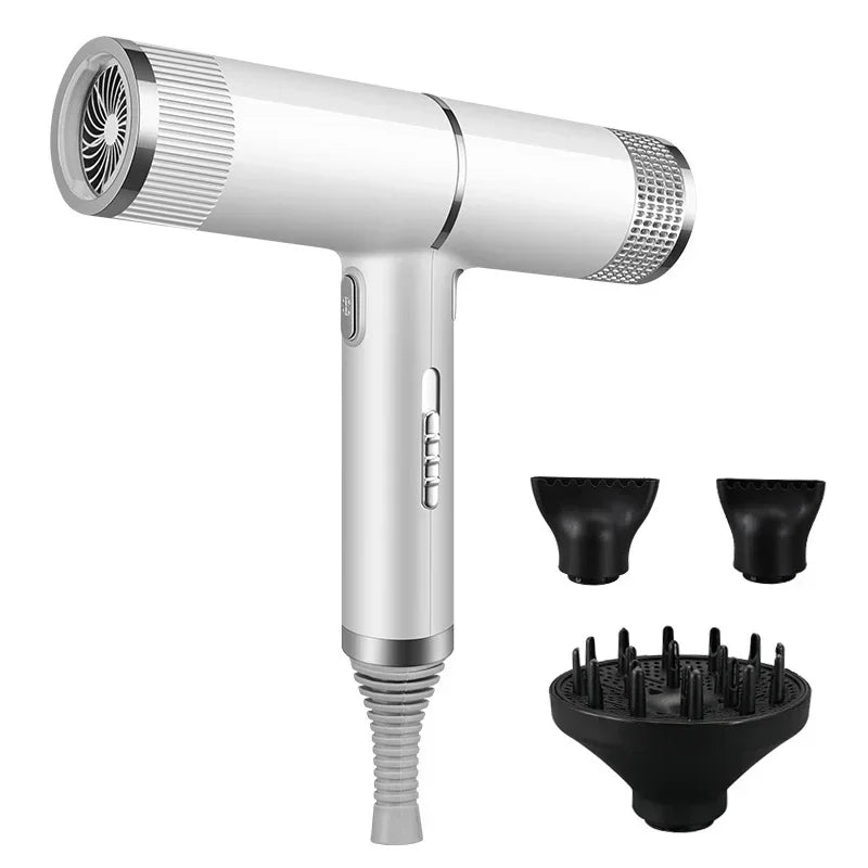 A silver professional infrared blow dryer with a detachable nozzle and multiple styling attachments.