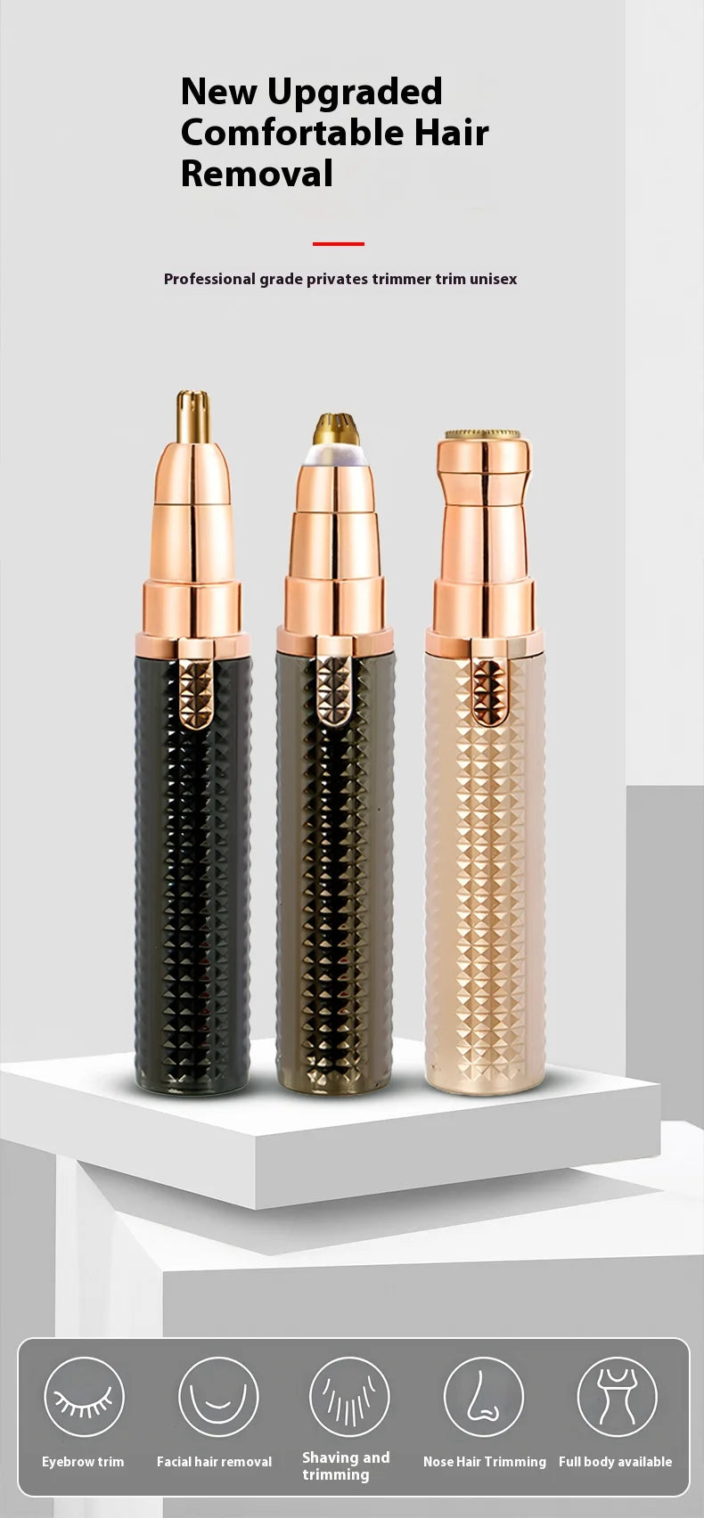 Three professional grade trimmers for nose, eyebrow, and facial hair removal devices