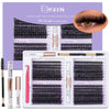 A kit of individual cluster lashes with bond and seal tweezers shown in packaging.