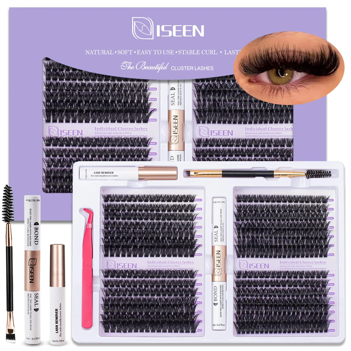 A kit of individual cluster lashes with bond and seal tweezers shown in packaging.