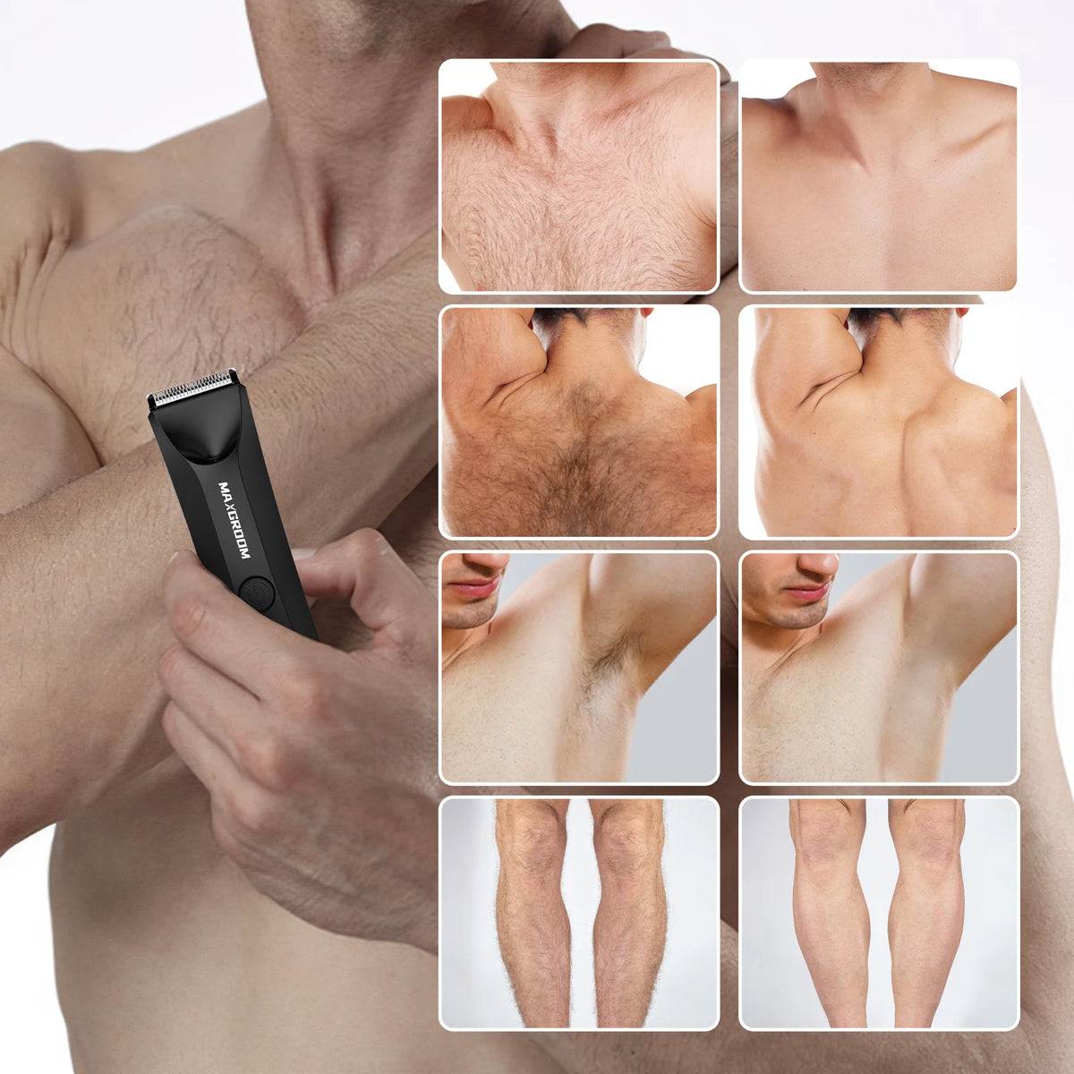 A precision body hair trimmer is shown being used on a man's chest and face, with close-ups of the device and trimmed areas.