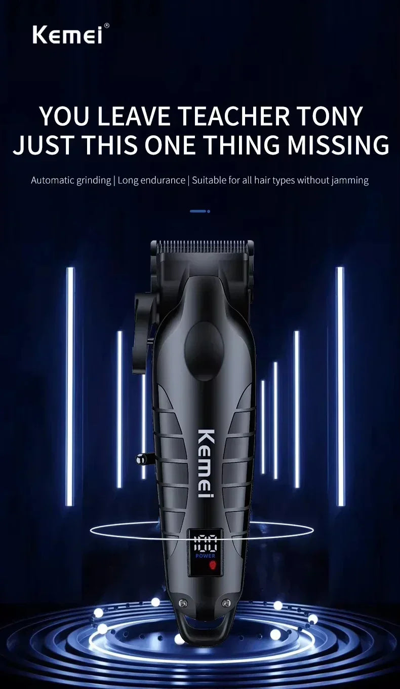 A black Kemei electric hair and beard trimmer is shown against a blue light background.