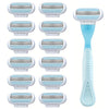 A collection of multiple multi-blade safety razors for hair removal in white and light blue.