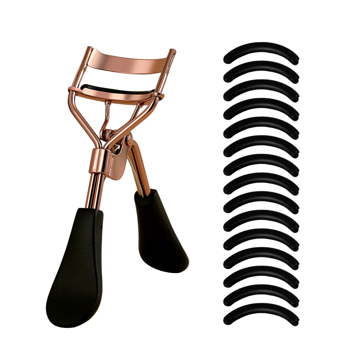 A professional stainless steel eyelash curler set showing the curler tool and a coil of black curler pads.