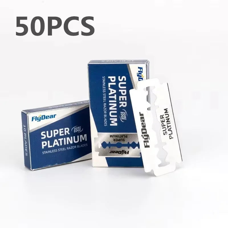 A box of 50 pack Super Platinum double edge razor blades and a single blade are shown.