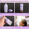 Instructions showing how to use a root comb squeeze applicator bottle for hair oil conditioner application