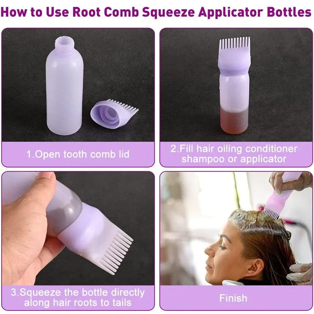 Instructions showing how to use a root comb squeeze applicator bottle for hair oil conditioner application