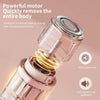 Close-up of a pink portable electric body hair trimmer with a clear guard and metallic components.