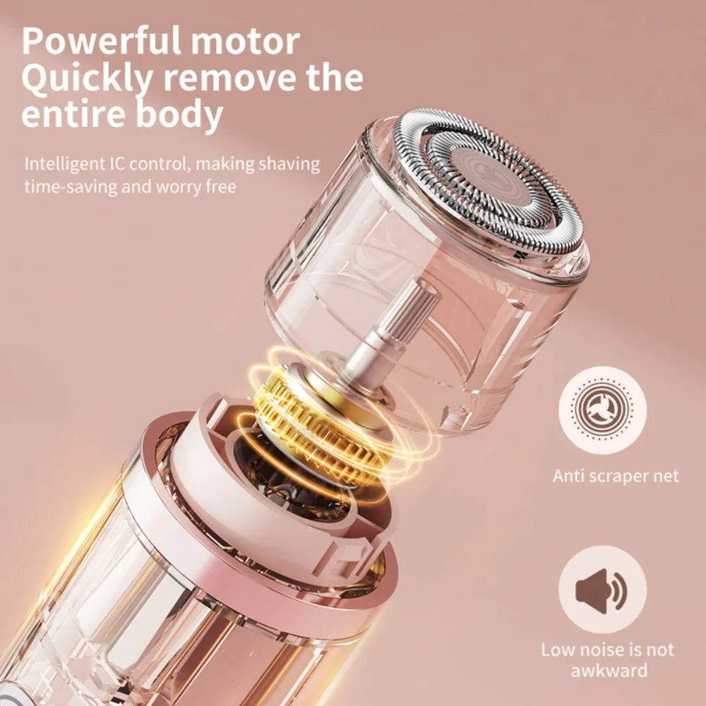 Close-up of a pink portable electric body hair trimmer with a clear guard and metallic components.