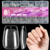 A collection of clear acrylic nail tips is shown alongside a hand applying them to a natural nail.