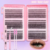 Pink packaging showing DIY eyelash extensions kits in 30, 40, and 50 sets with lash bundles and an eye closeup