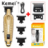 A beige cordless hair trimmer with multiple attachments shown next to the main unit and packaging.