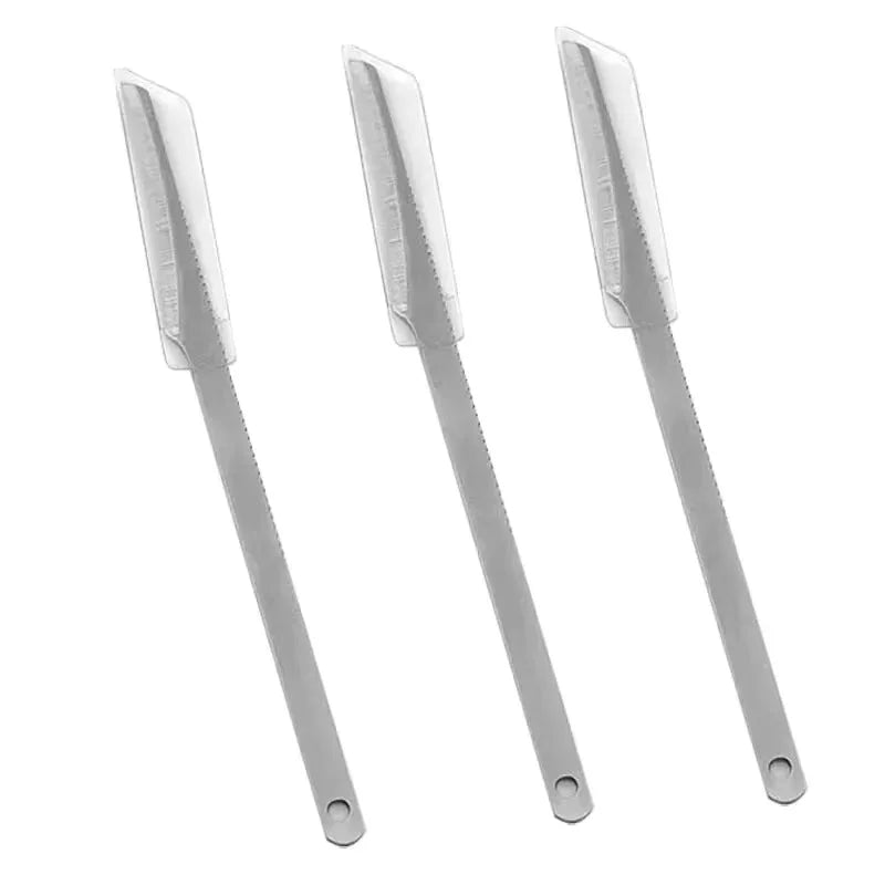 A set of three metal foot care tools for callus and dead skin removal.
