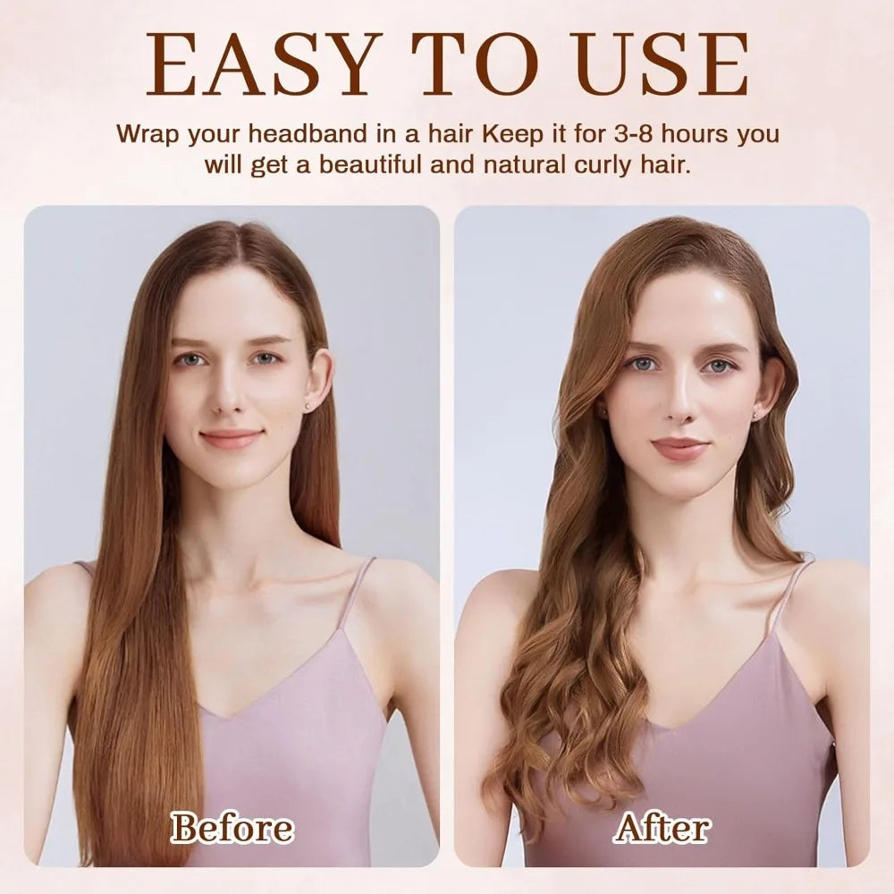 Before and after images showing a woman's hair before and after using velvet heatless hair curlers for natural waves