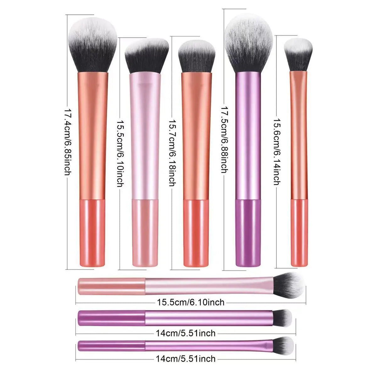 A set of eight makeup brushes in various shades of pink and purple with different sizes