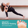 Silicone toe separators shown on a foot, used for barefoot training and bunion relief.