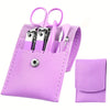 A purple leather pouch containing a complete stainless steel nail and brow grooming kit with various tools.