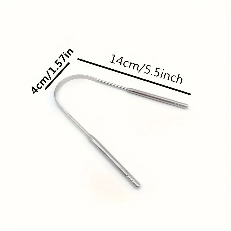 Stainless steel tongue scraper with measurements indicating 4cm/1.57in and 14cm/5.5inch length.