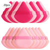 A set of 20 pink and white triangular cosmetic powder puffs arranged in rows.