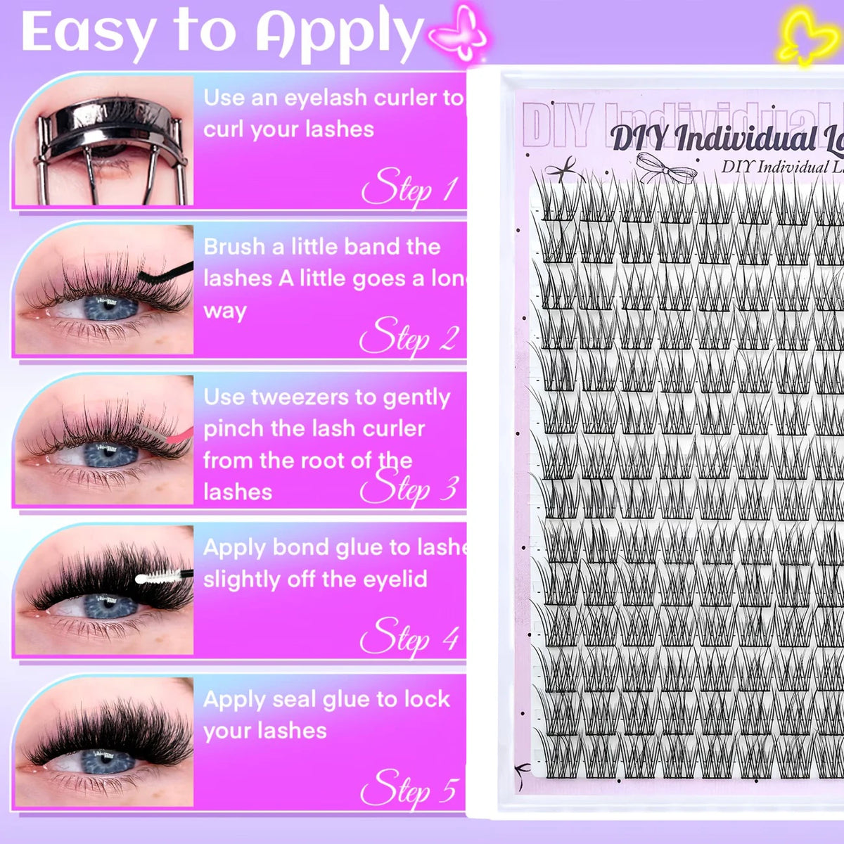 Guide étape par étape pour appliquer des extensions de cils fins avec un recourbe-cils et de la colle.