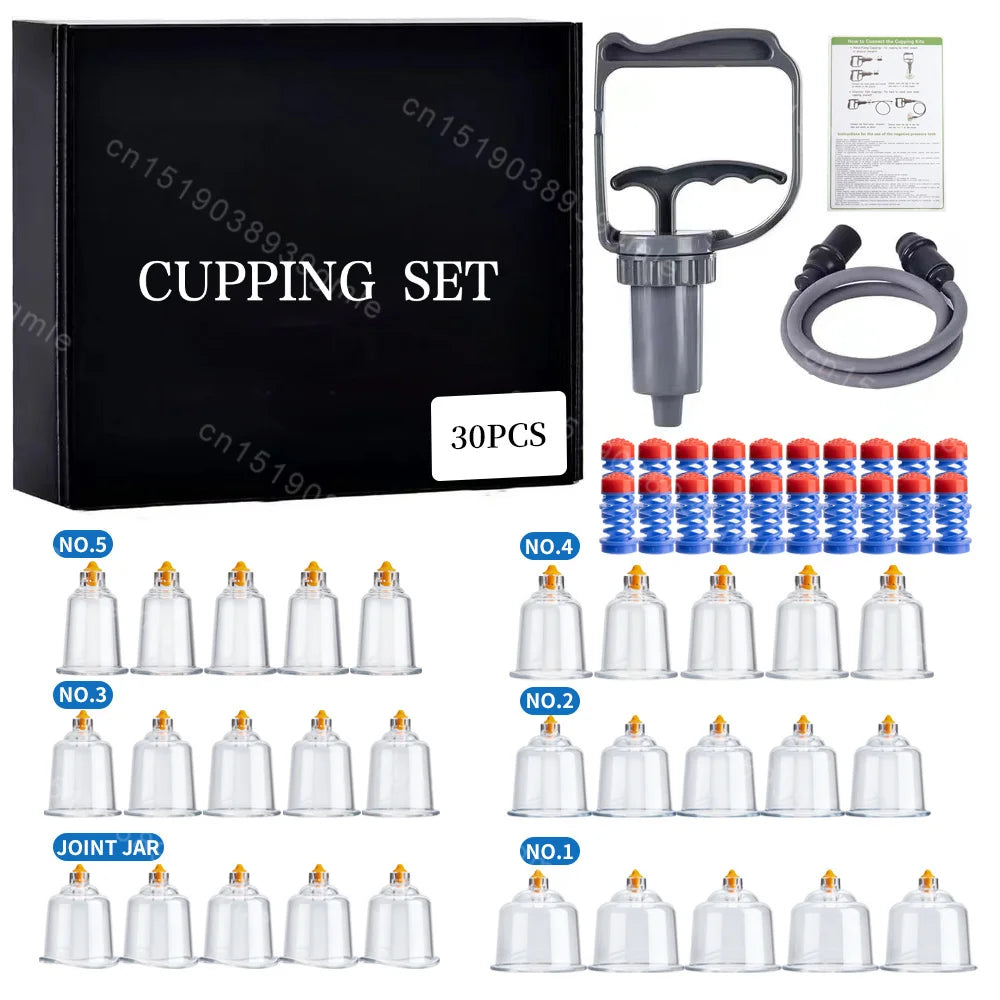 A black box containing a set of 10 cupping glass tools, including various sizes and shapes for massage.