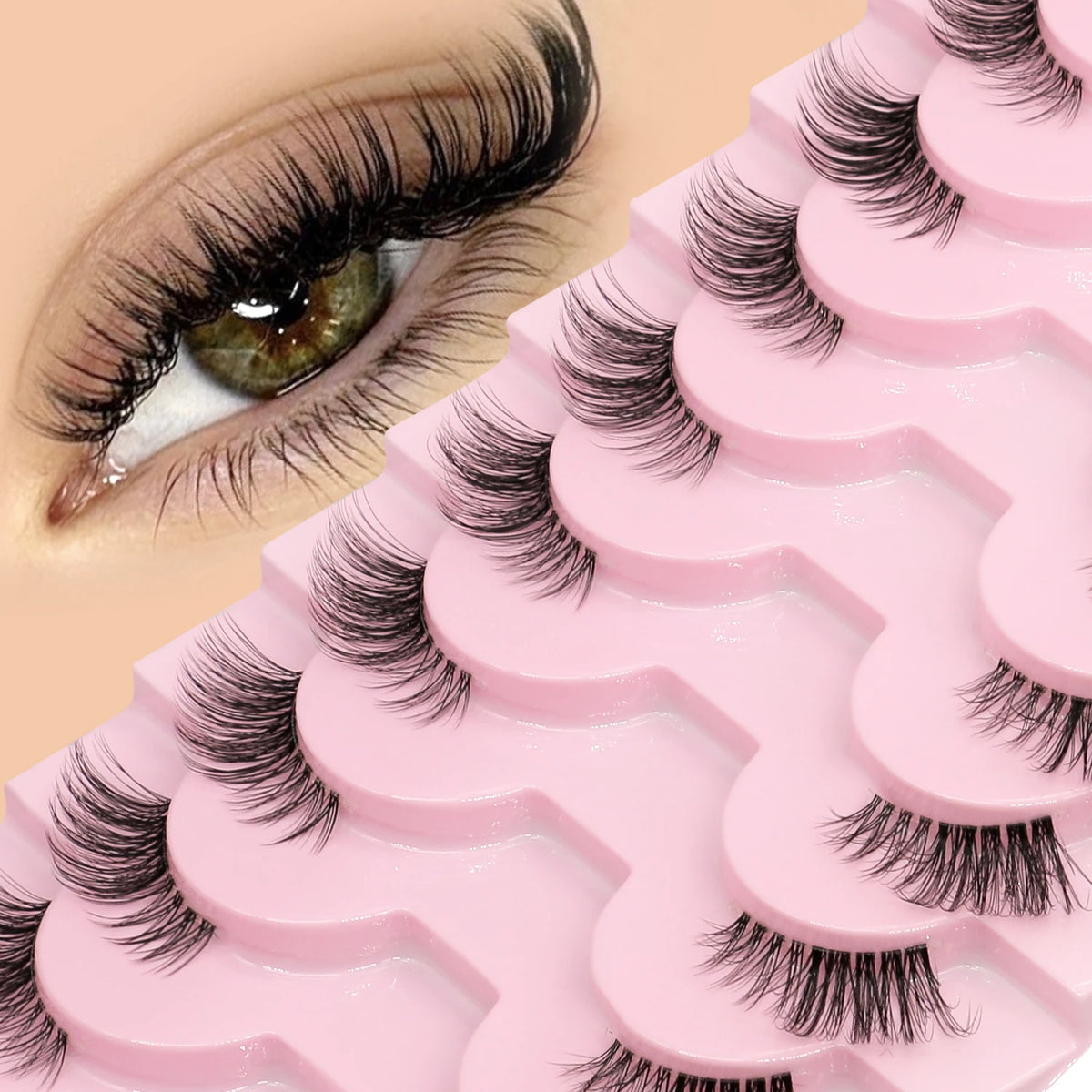 A close-up of pink false eyelashes displayed on a plastic tray, showing various lash styles.