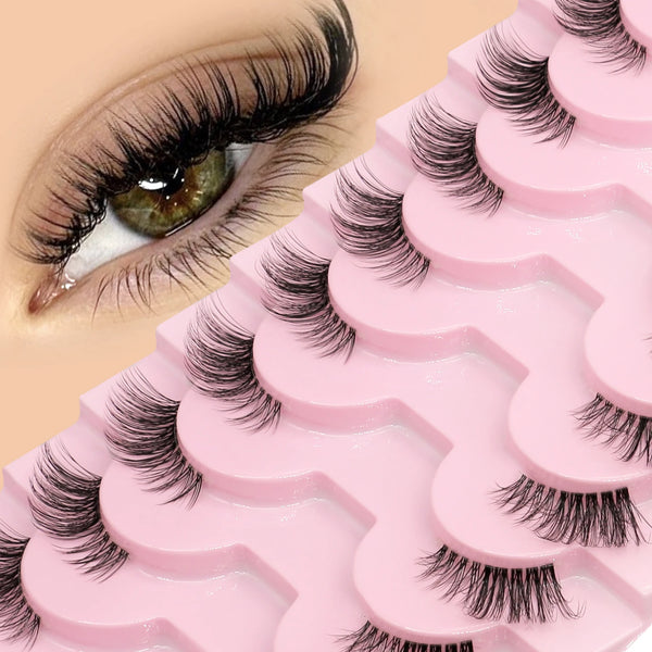 A close-up of pink false eyelashes displayed on a plastic tray, showing various lash styles.