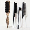 A set of professional pointed tail combs in black and leopard print patterns displayed against a white background.