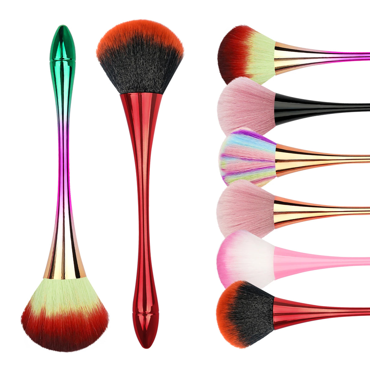 A set of rose gold nail dusting and makeup removal brushes with various colored bristles.