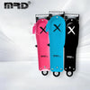 Three professional cordless hair clippers in pink, blue, and black are displayed against a white background.