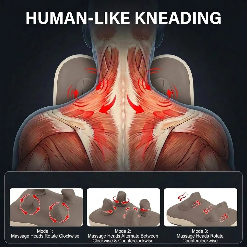 A diagram showing human-like kneading massage on the back of the neck and upper shoulders, with three modes of massage illust