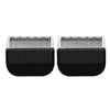 A pair of precision replacement hair clipper blades, showing the metal cutting elements and black housing.