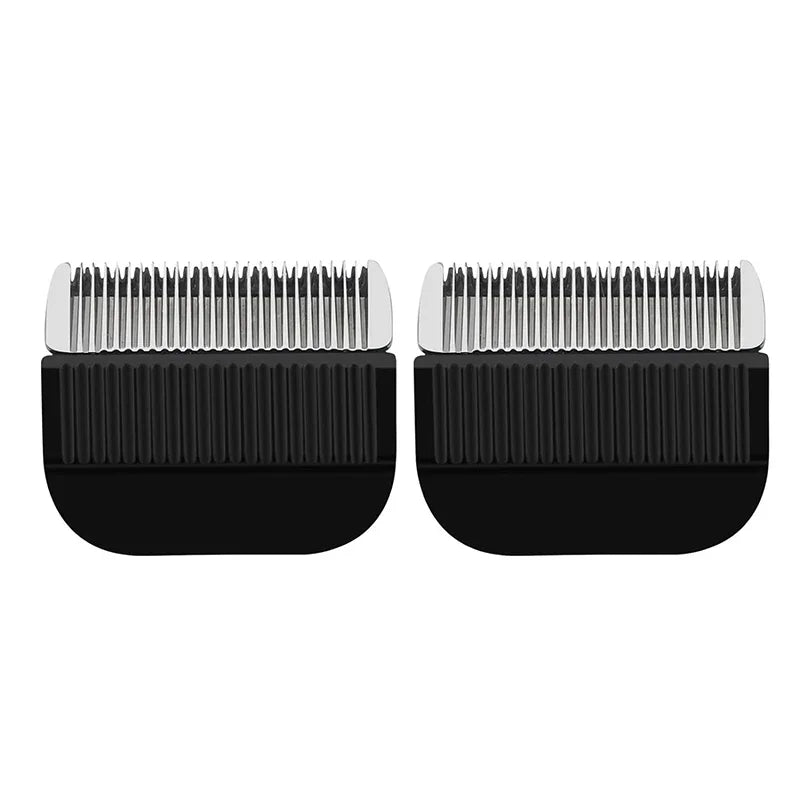 A pair of precision replacement hair clipper blades, showing the metal cutting elements and black housing.