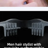 A close-up of a hand holding a black hair styling comb designed for men.