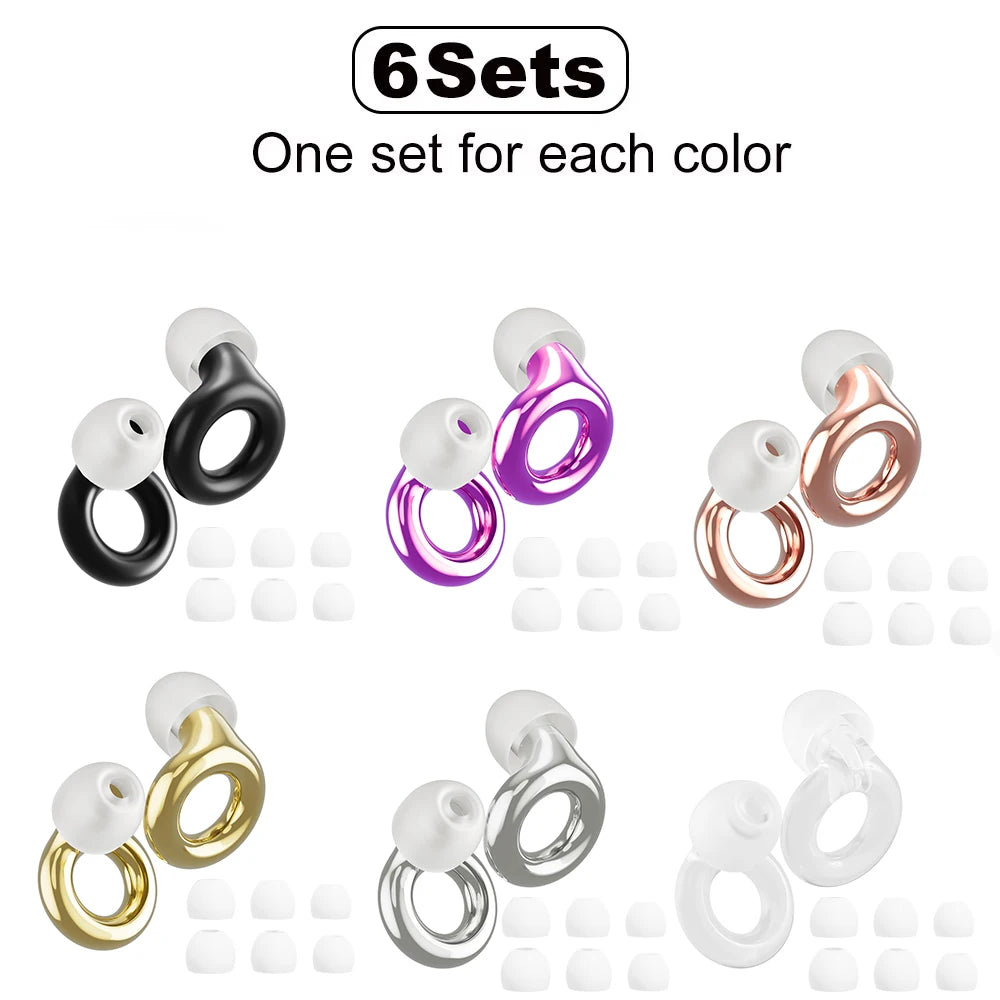 Six sets of silicone ear plugs in various colors including black, purple, rose gold, and silver.