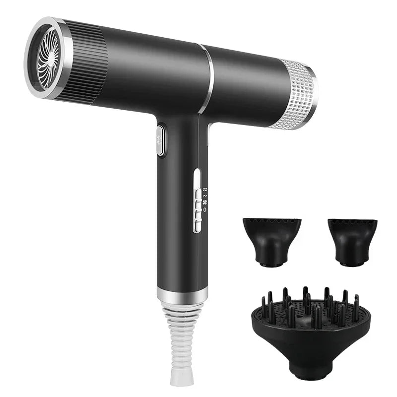 A black professional infrared blow dryer with a detachable nozzle and multiple styling attachments.