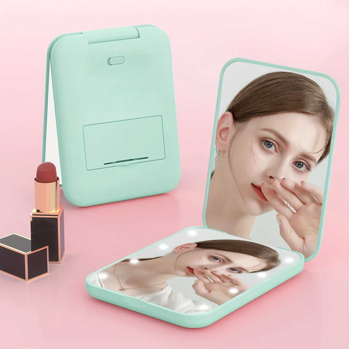 A teal compact LED makeup mirror is shown folded, with a larger version open to display a woman's face.