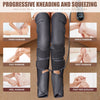 A pair of black progressive kneading and squeezing leg massagers shown on a person's legs for circulation and relaxation.